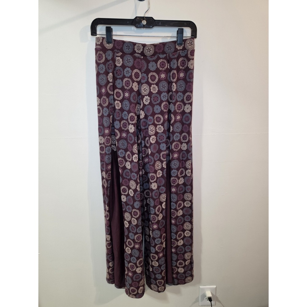 Soul Flower Pants Womens M Organic Cotton Boho Floral Wide Leg Side Slit Palazzo